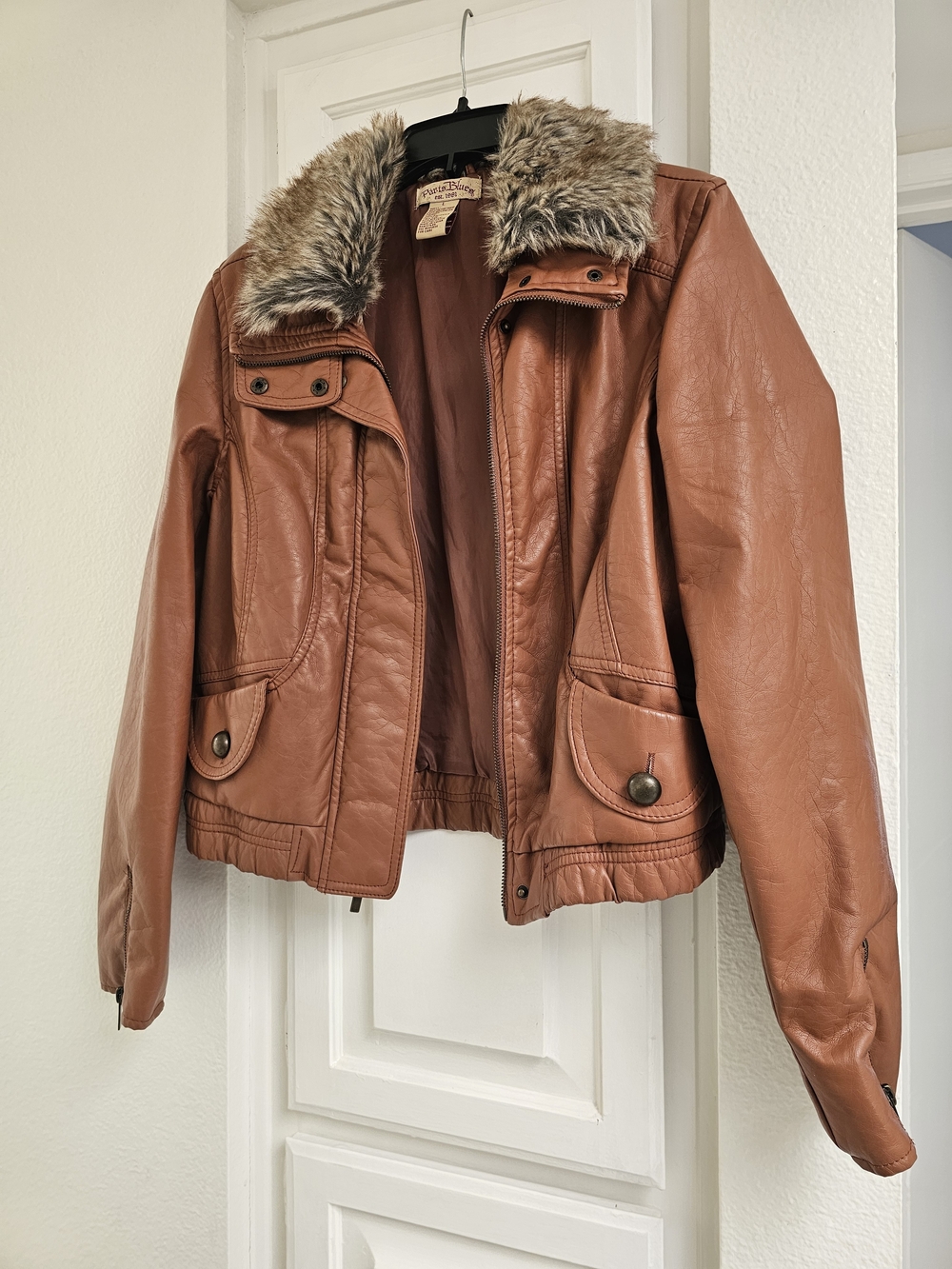 Paris Blues Cognac Faux Leather Jacket with Faux Fur Collar